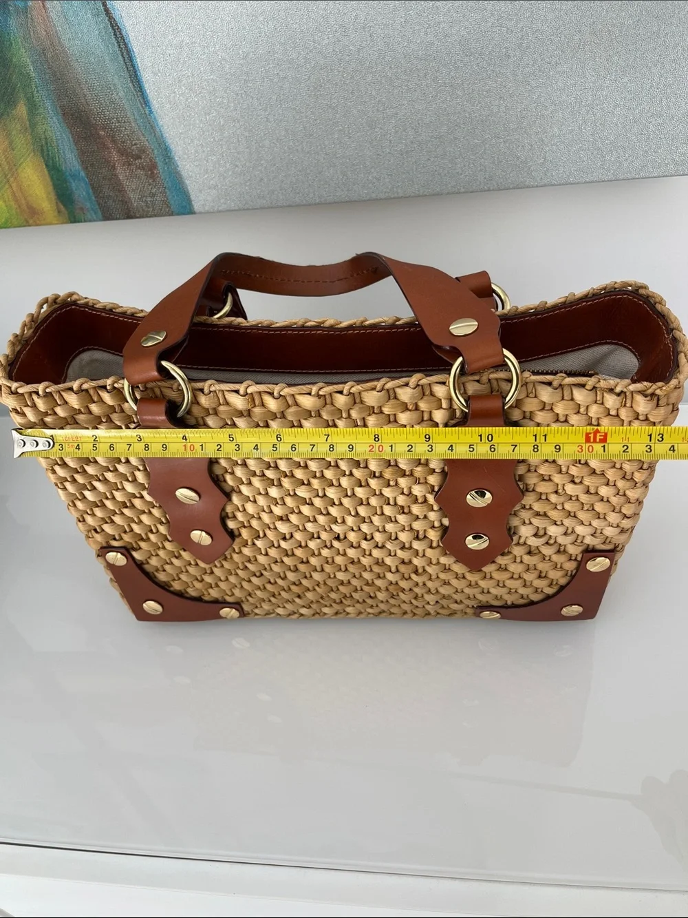 Michael Kors Santorini Leather Rafia Straw Woven Rectangular Straw Shoulder Bag